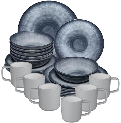 Jesolo Service de table en mélamine pour 6 personnes – 24 pièces – avec tasses à 90 °C en plastique ABS avec fonction antidérapante – Aspect faïence – Passe au lave-vaisselle Vaisselle de camping,