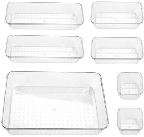lovehai 7 Pcs Drawer Organiser Set, Makeup Organiser Tray for Drawers, Clear Cosmetics Container Tray for Office, Bedroom, Kitchen, Jewelries and Gadgets