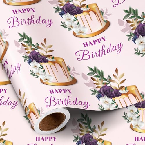 RUSPEPA Geburtstags-Geschenkpapierrolle, Mini-Rolle, elegantes Kuchen- und Blumendesign mit „Happy Birthday“-Schriftzug, rosa Geschenkpapier für Frauen, Mütter, Ehefrauen und Freunde, 43,2 cm x 5 m