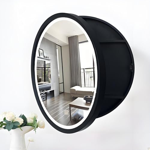 CVERTHAF Armoire de Toilette Ronde à LED avec éclairage et Interrupteur Tactile Intelligent Noir 70 cm