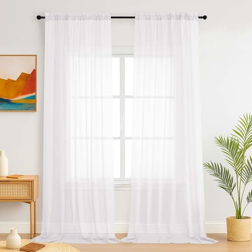 Simplebrand Weiße Transparente Vorhänge für das Schlafzimmer 150 x 245 cm 2 Paneele, Durchsichtige Lichtfilternde Stangentasche, Elegante Fenstervorhänge und Vorhänge für Wohnzimmer