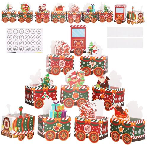 24pcs DIY Christmas Advent Calendar Gift Boxes,GeeRic 24 Days Empty Gift Box for Xmas+Number Sticker Creative Mini Train Xmas Surprise Boxes for Christmas Decor Party Cookie Snack Packaging