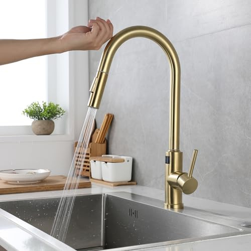 XJTNLB Wasserhahn Küche mit Touch Sensor Küchenarmatur Ausziehbar Gold Gebürstet Armatur Küche mit Temperaturanzeige