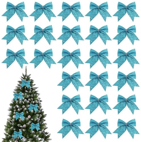 HSHHOOM 24 Pièces Arcs de Noël Pailletés, Noeud de Ruban de Noël, pour Couronnes de Noël, Décorations de Noël pour Portes, Fenêtres, Jardins (Bleu)