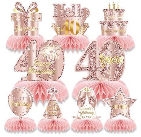 Goiern 9 Pièces Rosa Rosé Doré 40 Anniversaire Décorations de Centre de Table en Papier pour Filles Joyeux 40 Anniversaire Décorations de Table Fournitures de Fête Décora