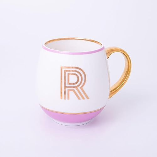 Bombay Duck Library Monogram Fine Bone China Mug, White & Blue with Pink & Gold Details, 450ml, Striped Gift Box, Hand Wash Only, Letter R