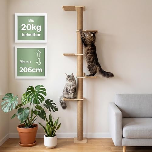 WOOWOOD Kratzbaum Wand, Höhe anpassbar bis 206 cm, Kratzsäule Wandmontage