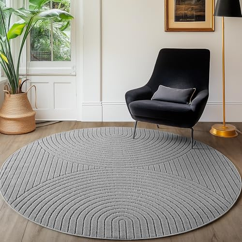 SIMPEX Kurzflor Teppich Rund 80 cm Grau, Hoch Tief Effekt 3D, Skandi Boho Design, Balkon Teppich für Küche Flur Wohnzimmer, Indoor Outdoor geeignet