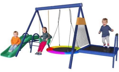 Spielturm Outdoor mit Rutsche & Trampolin, Klettergerüst mit Nestschaukel und Kunststoffschaukel, Multifunktionale Schaukel für Kinder ab 3 Jahre, Garten Spielplatz mit Verstellbarer