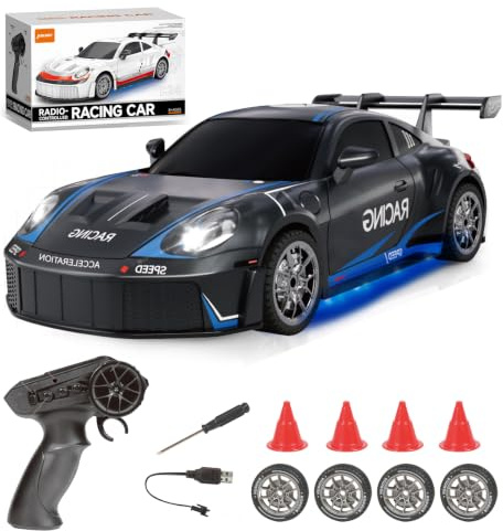 Siereolly Ferngesteuertes Auto 1:24 Scale Drift Car 4WD 2.4GHz RC 20KM/H Hohe Geschwindigkeit Rennwagen mit Zwei Batterien, LED-Leuchten