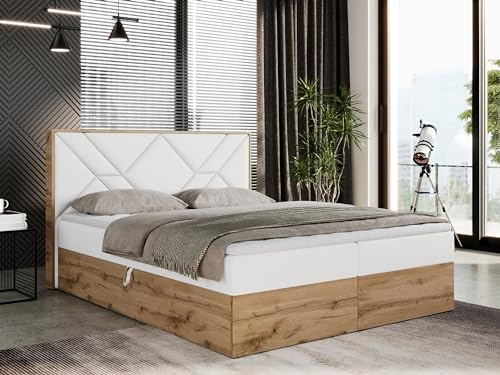 MKS MEBLE Boxspringbett 120x200 cm mit Kopfteil und Bettkasten, Polsterbett mit Mittelfest (H3) Matratze und Topper Visco, Boxspringbett mit Massivholz und Kopfstütze - Gunar - Weiß Kunstleder