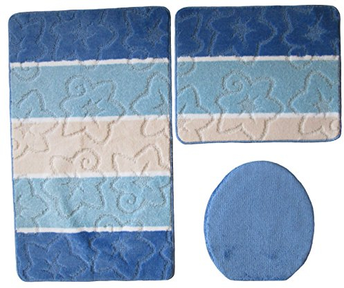 Ilkadim Orion Badgarnitur 3 TLG. Set 50x80 cm Mehrfarbig gestreift, WC Vorleger ohne Ausschnitt für Hänge-WC (blau hellblau Creme)