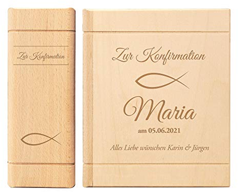 Casa Vivente Spardose in Buch-Optik aus Birkenholz, Sparbüchse mit Gravur zur Konfirmation, Personalisiert mit Namen und Datum, Motiv Fisch, Deko Geschenkidee für Konfirmanden