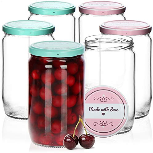 com-four® 6x Einmachgläser mit Schraub-Deckel Made with love in grün und rosa - TO Ø 82 mm - empfohlene Füllmenge ca. 650 ml - bis Glasrand: ca. 720 ml