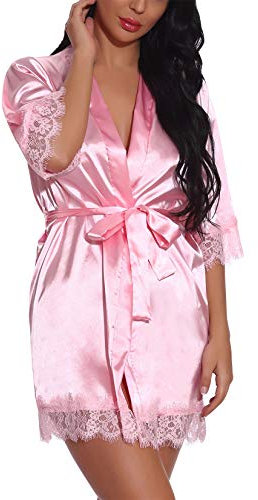 FEOYA Damen Satin Morgenmäntel Robe Kurzer Kimono Silk Bademäntel Nachtwäsche Negligee Rose XXL