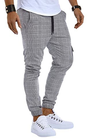 Leif Nelson LN8291 Pantalon de jogging chino avec poche cargo pour homme Coupe ajustée Motif à carreaux - Gris - Small