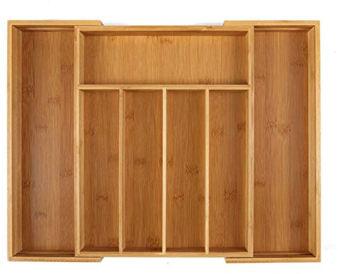 JZK Expandable bamboo cutlery tray for kitchen drawer, adjustable cutlery drawer insert organiser tray dividers for knives forks spoons chopsticks