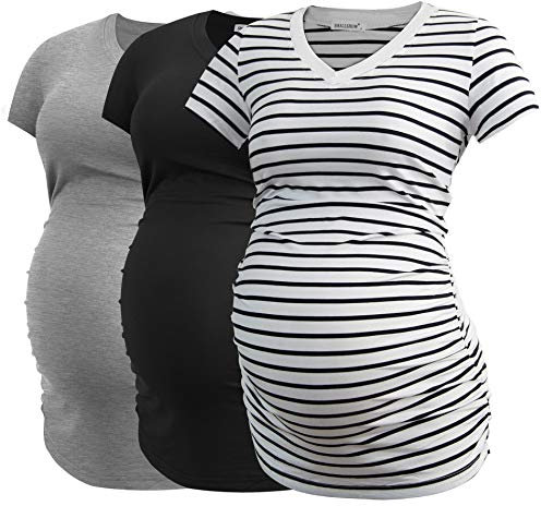 Smallshow Femmes V Cou Maternité Vêtements Haute Qualité Grossesse T Shirt 3-Pack,Black-Light Grey-White Stripe,L