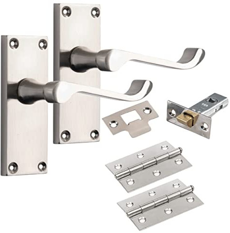 6 x Sets of Satin Nickel Premium Quality Victorian Scroll Latch Door Handles with Hinges & Latches Door Packs IRONZONE