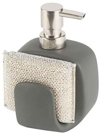 Baroni Home Distributeur Savon Liquide en Céramique avec Porte Eponge, Porte-Savon Liquide pour Salle de Bain et Cuisine Pratique, Dispenser Savon pour Blanchisserie, Gris Foncé, 10x9,5x15 cm