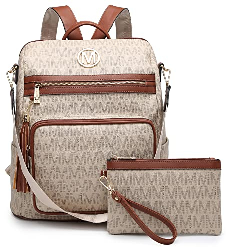 MKP Damen Fashion Rucksack börse PU Leder wandelbar Damen Rucksack Reise Schultertaschen Handtasche mit Handgelenk und Quaste - Beige -