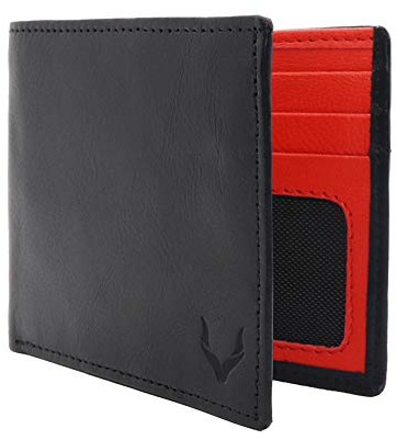 PELLE TORO Handmade Super Slim Men's Wallet, Handmade with Napa Leather, RFID Blocking Wallet, 9 Card Slots & ID Window (Charcoal Black & Flame Red)