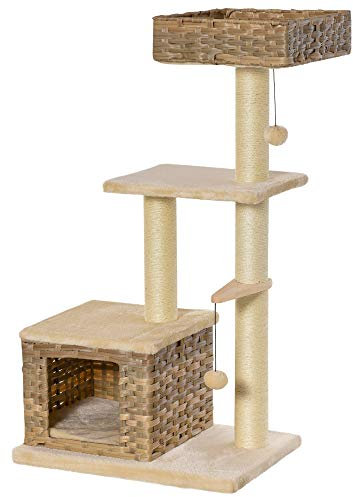 PawHut Arbre à Chats Style Cosy Chic griffoirs sisal Naturel Niche 3 Plateformes 2 Jeux Boules Peluche Courte résine tressée Imitation rotin Beige
