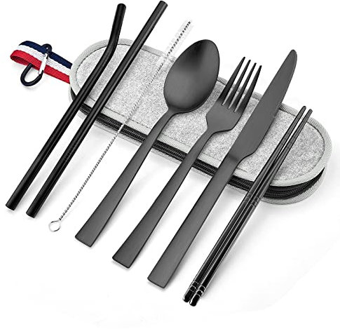 Mattschwarzes Reiseutensilien-Set, E-far 8-teiliges Metall-Reisebesteck-Set, tragbares Camping-Besteck-Set enthält Messer, Gabel, Löffel, Essstäbchen, Trinkhalme – Hellgrauer Etui