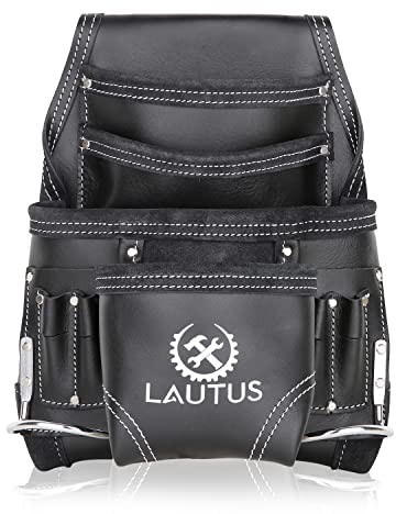 LAUTUS Werkzeugtasche aus gegerbtem Leder, 10 Taschen, 2 Hammerhalter, 100 % Leder, Schwarz