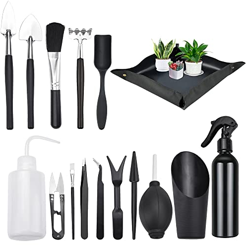 JUNMEIDO 15 PCS Kit Terrarium Plante Portable Kit Entretien Bonsai Réutilisable Mini Outils de Jardinage Antirouille Facile à Nettoyer pour Bricolage Amateur de Jardin Plantation Fleurs Bonsaï