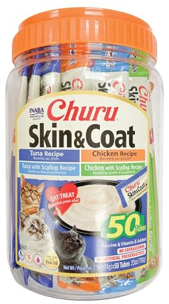 INABA Churu for Skin & Coat, Lickable, Squeezable Cat Treat with Omega Oils, Taurine and Vitamin E, 0.5 Ounces Each Tube, 50 Tubes, Skin & Coat Variety