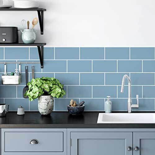 30 stickers carrelages H10 x L20 cm métro Dalle,Carrelage Adhesif Mural Salle de Bain Cuisine, Crédence adhésive - 50x120cm - Bleu poudré