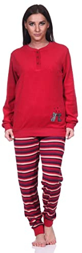 Normann Damen Frottee Pyjama, Schlafanzug Langarm mit süßem Katzen-Motiv