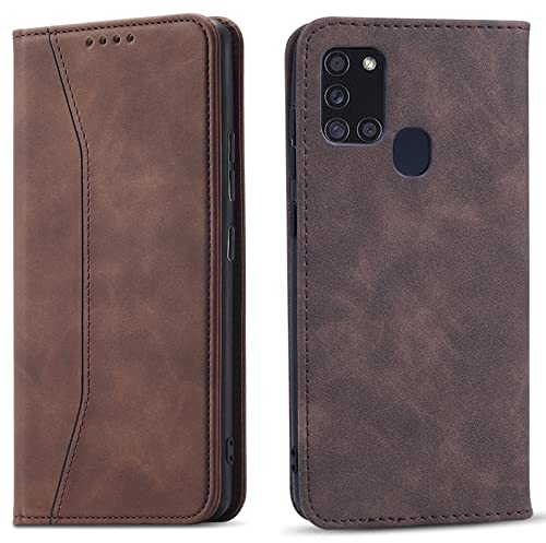 OKZone Kompatibel mit Samsung Galaxy A21S Hülle, Magnet Leder Tasche Handyhülle, Kartenfächer Schutzhülle, [Premium PU Leder] Flip Klappbare Stoßfeste Magnetische Standfunktion (Braun)