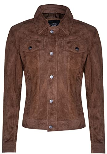 Men's Goat Suede Jeans Jacket Trucker Casual Denim Leather Shirt