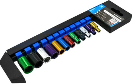 Dunnet Tools Shallow 1/4 Socket Set 12pc Coloured 1/4 Sockets Heavy Duty Hex Socket Set On Storage Rail Metric 4-13mm Standard Tool Set Plumbing Electrician Mechanic Tools