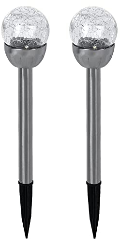 Solarlampe Außenleuchte Kugellampe Steckleuchte in Bruchglas-Optik, Gartenleuchte, integrierter Akku, Edelstahl, silber, LED, DxH 6x24,5cm, 2er Set