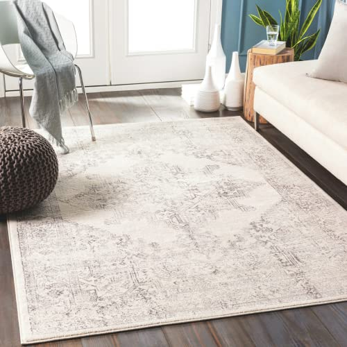 Livabliss Roma Vintage Teppich groß - Orientalischer Teppich Wohnzimmer 140x200 cm, Esszimmer, Schlafzimmer - Boho Teppich, Kurzflor Teppich für einfache Pflege - Muster Teppich in Elfenbein und Grau