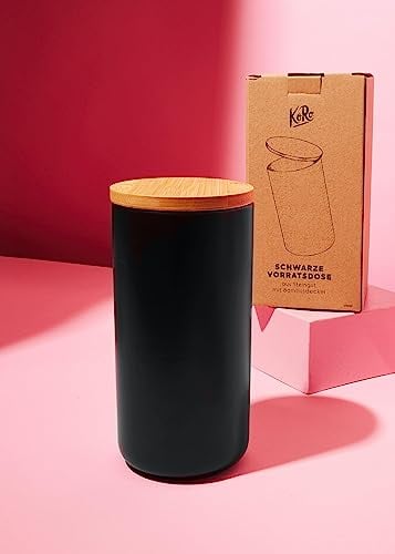 KoRo - Schwarze Vorratsdose aus Steingut mit Bambusdeckel 1180 ml - Oberfläche mattschwarz - Lebensmittelecht - Deckel mit Silikondichtung