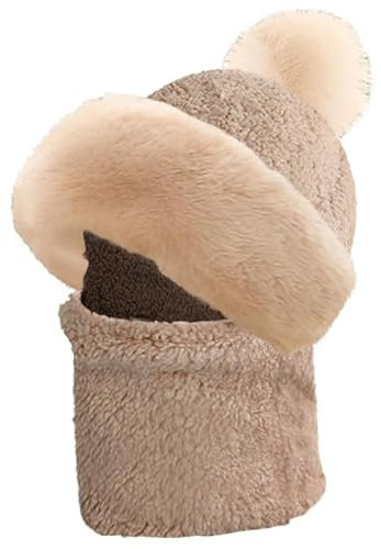crazy bean Winter Mütze Schal Set Damen Warme Winddichte Balaclava Fleecefutter 2 in 1 Wintermütze mit Bommel Outdoor Radfahren Skifahren(Beige)
