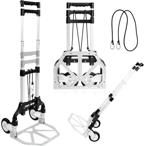 JUPPLIES Carretilla Plegable de Aluminio + Cuerda | MAX 75 Kg | Carretilla de Mano Portátil para Transporte - Carro Plegable con Ruedas Equipaje Oficina Hogar Aluminio Compacto