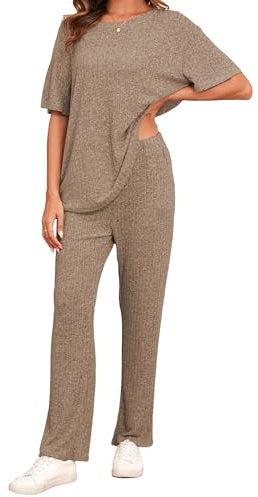 Famulily Schlafanzüge für Damen Sommer Kurzarm Loungewear Hausanzug Weites Bein Freizeitanzug Zweiteiler Set Outfit mit Taschen