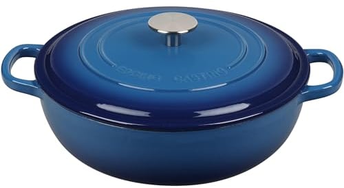 EDGING CASTING Enameled Cast Iron Dutch Oven Shallow Casserole Braiser with Dual Handle, 3.8 QT, Lake Blue