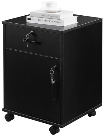 CLIPOP Lockable Filing Cabinet Wooden Drawer Mobile File Cabinet with 1 Closed Storage and 4 Rolling Wheels, Home Office Under Desk Table for A4 Paper Letters File Folders, Black