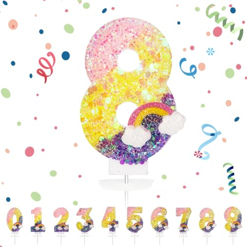 Geburtstagskerzen Zahlen 8,Regenbogen Geburtstag Einhorn Geburtstag, 3D Tortendeko, kuchen Dekoration für Geburtstag Party, Hochzeiten, Firmenfeiern, Jubiläen, Birthday Candle Nummer
