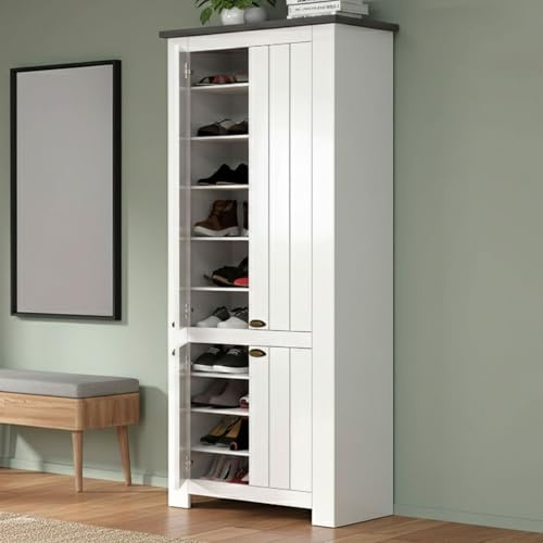 Dmora - Schuhregal Teodoro, platzsparendes Schuhregal mit 4 Türen, multifunktionale Eingangsgarderobe, 84x42h200 cm, Weiß und Schiefer