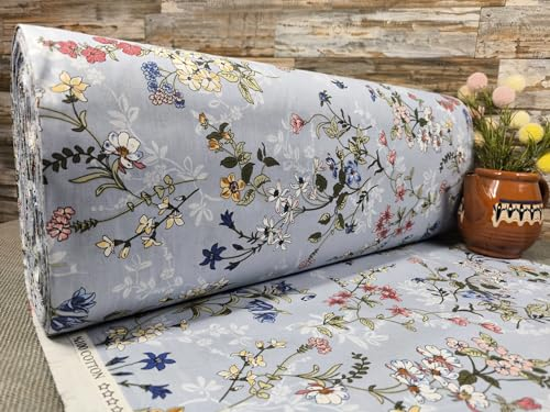 240cm Breit Meterware ab 50cm Popeline Baumwolle Stoff Baumwollstoff Kinderstoffe Stoffe Blumen Babystoffe Blumenwiese Ranforce Bastelstoff ÖKO-TEX VP0B052 (Blau)
