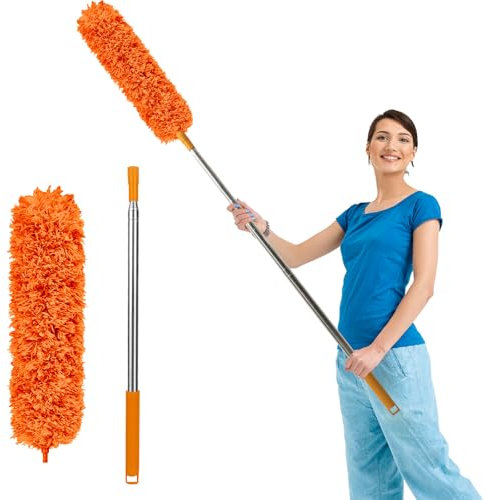 Fogray Extendable Feather Duster, Bendable Microfiber Dusters with Extra Long Telescopic Extension Pole and Soft Silicone Cap, Washable for Cleaning Roof, High Ceiling Fan, Blinds(Orange)