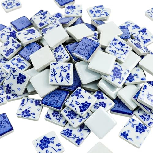 Yatinkim 1x1 Zoll 121 Stück Quadrat Porzellan Fliesen Keramik Mosaik Blau Weiß Stücke Kunst Handwerk DIY Heim Haus Bad Vase Boden Pool Blume Töpfe