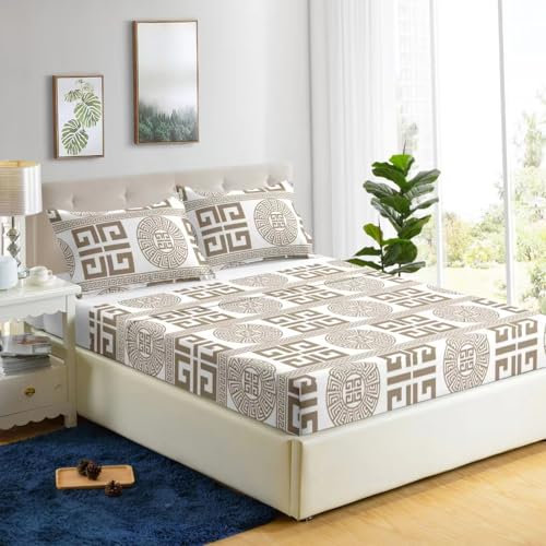 HaraDeco Juego de Sábana 4 Piezas Cama 150x190/200cm, Microfibra Poliéster Suave, Sábana Encimera Estampada, Bajera Ajustable para Colchón 28cm, 2 Fundas Almohada 50x70cm(Nagic Beige, Cama 150)